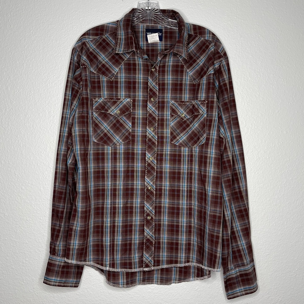 Wrangler Brown and Turquoise Pearl Snap Plaid Button Down Dress Shirt - Size L